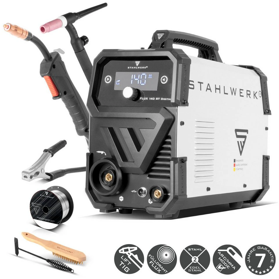 STAHLWERK FLUX 140 ST Digital Schweißgerät Fülldraht Lift TIG 140 A Starter Set