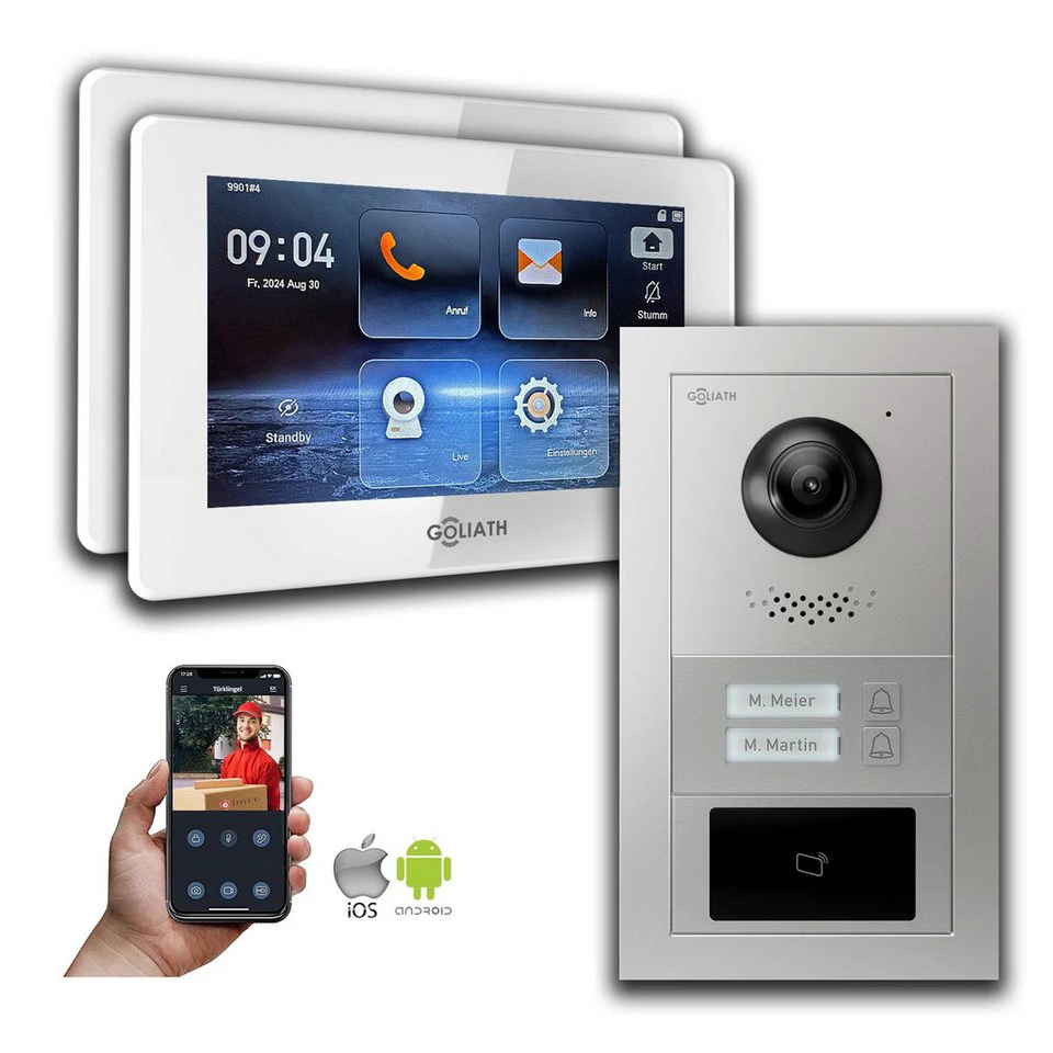 Goliath Intercom Video-Türsprechanlage 2-Draht BUS für 2 Familienhaus RFID Silber