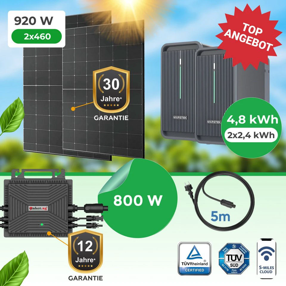 Paket.ag Balkonkraftwerk 920W mit 4,48 kWh Speicher und 800W Wechselrichter