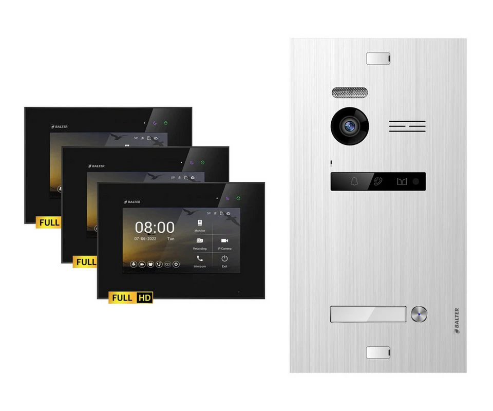 Balter Video-Türsprechanlage EVO-HD Komplettset 1-Familie Silber 3x 7" Monitore Schwarz FullHD Kamera