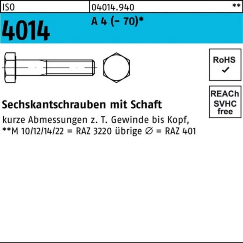 Bufab Sechskantschraube ISO 4014 040149400220150 M 22 x 150 A 4 - 70