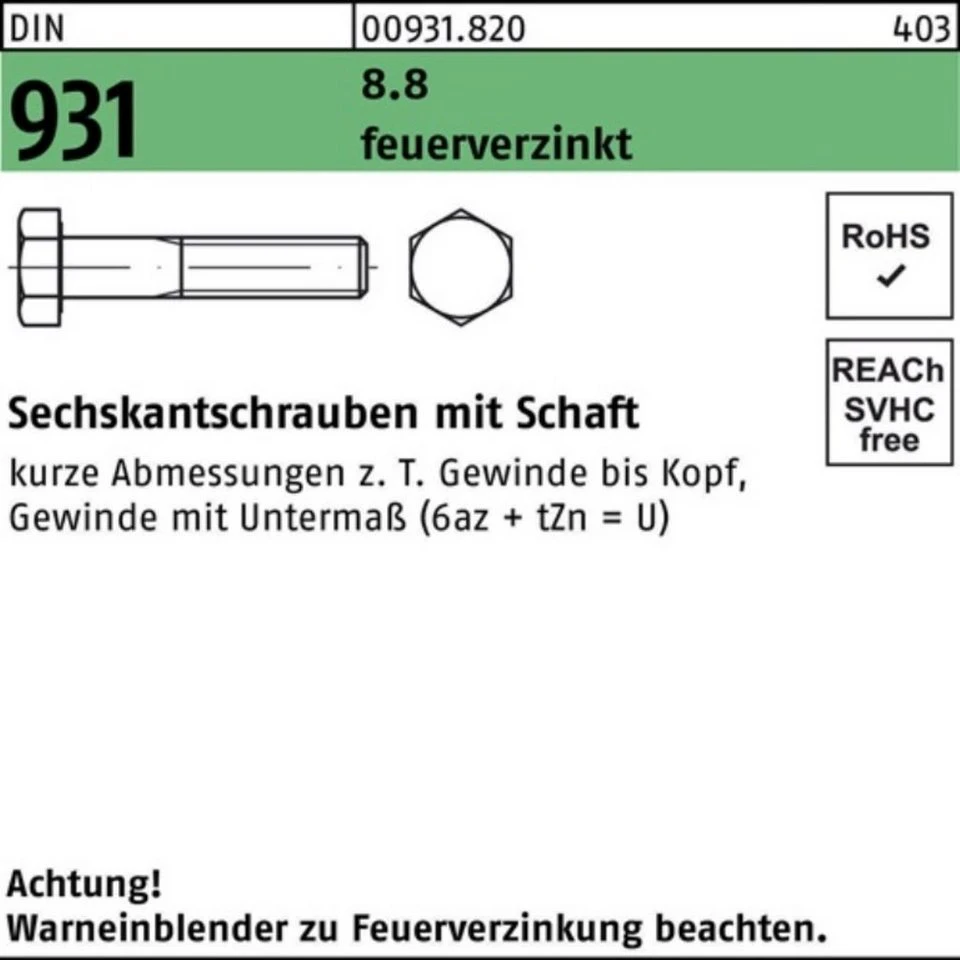 Reyher Sechskantschraube 009318200270140 DIN 931 mit Schaft M 27 x 140 8.8 feuerverzinkt 10 Stück