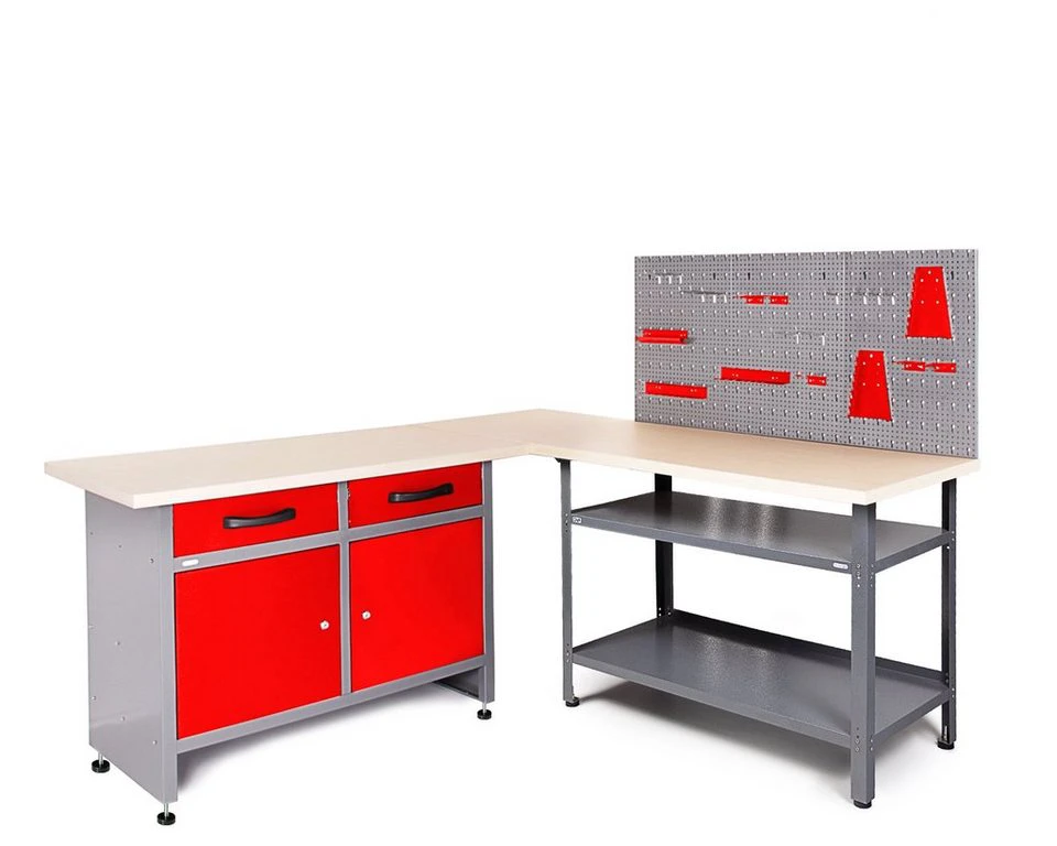 ONDIS24 Werkstatt-Set Ecklösung Sparfuchs Basic Plus 180 x 180 x 85 cm 2x Werkbank Metall Arbeitsplatte