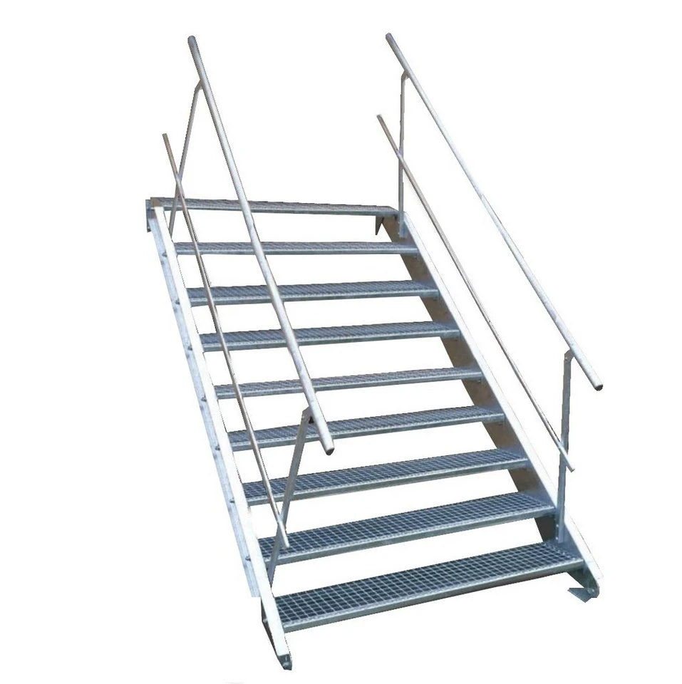 SRM Design Außentreppe 9 Stufen Stahltreppe verzinkt beidseitig Geländer 120 cm 135-180 cm
