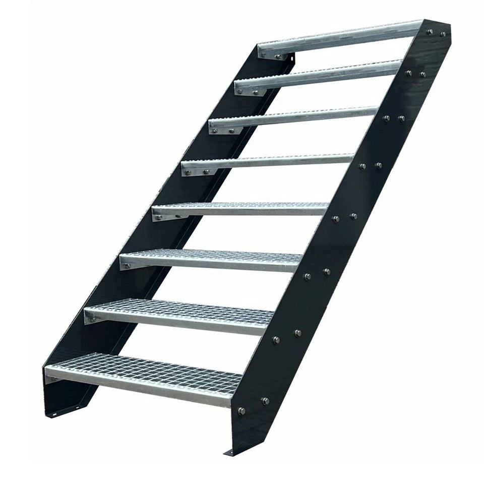 Kaminbau Mierzwa Außentreppe Premium Anthrazit 8 Stufen 152 cm Gitterrost Feuerverzinkter Stahl
