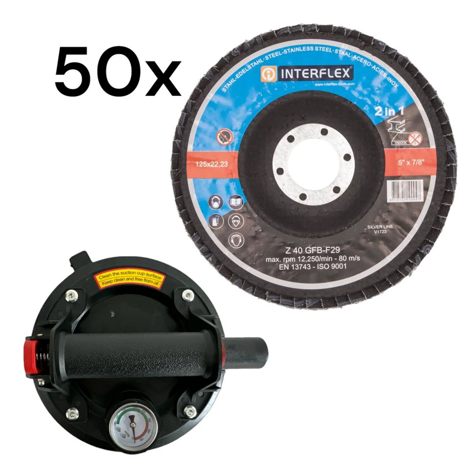 Plattenheber Vakuum-Saugnapf mit Manometer 220 kg plus 50 Fächerschleifscheiben 125 mm Korn 40