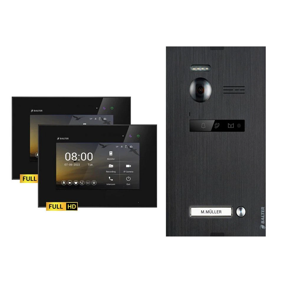 Balter Video-Türsprechanlage EVO-HD Komplettset 1-Familie Schwarz 2x 7 Zoll FullHD Kamera