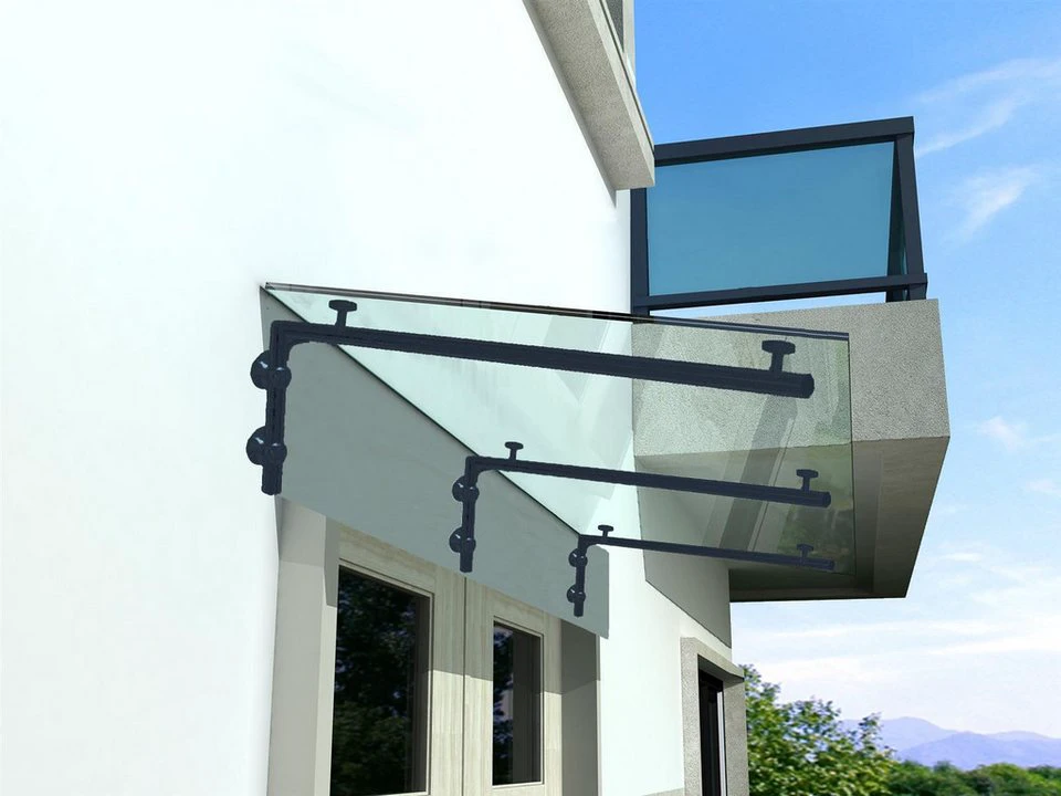 BuyLando.Shop Vordach Glaswerk Westfalen 250x90 cm Klarglas 3 Halter RAL7016