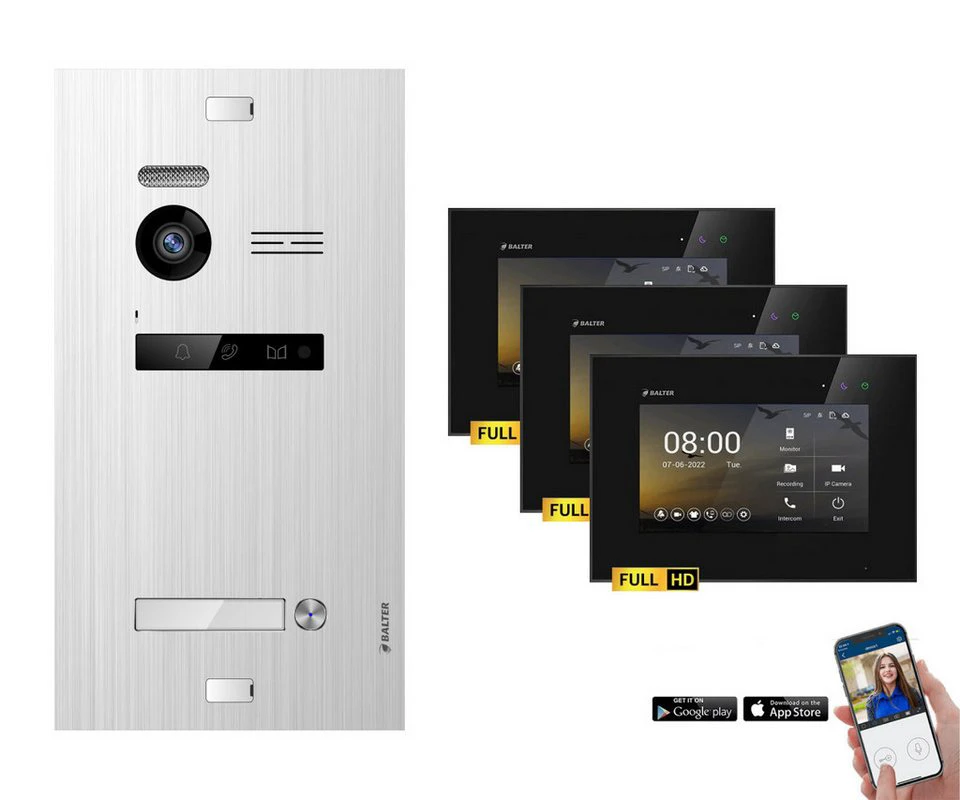 Balter Video-Türsprechanlage EVO-HD Komplettset 1-Familie 3x 7" WLAN Monitore Silber Schwarz
