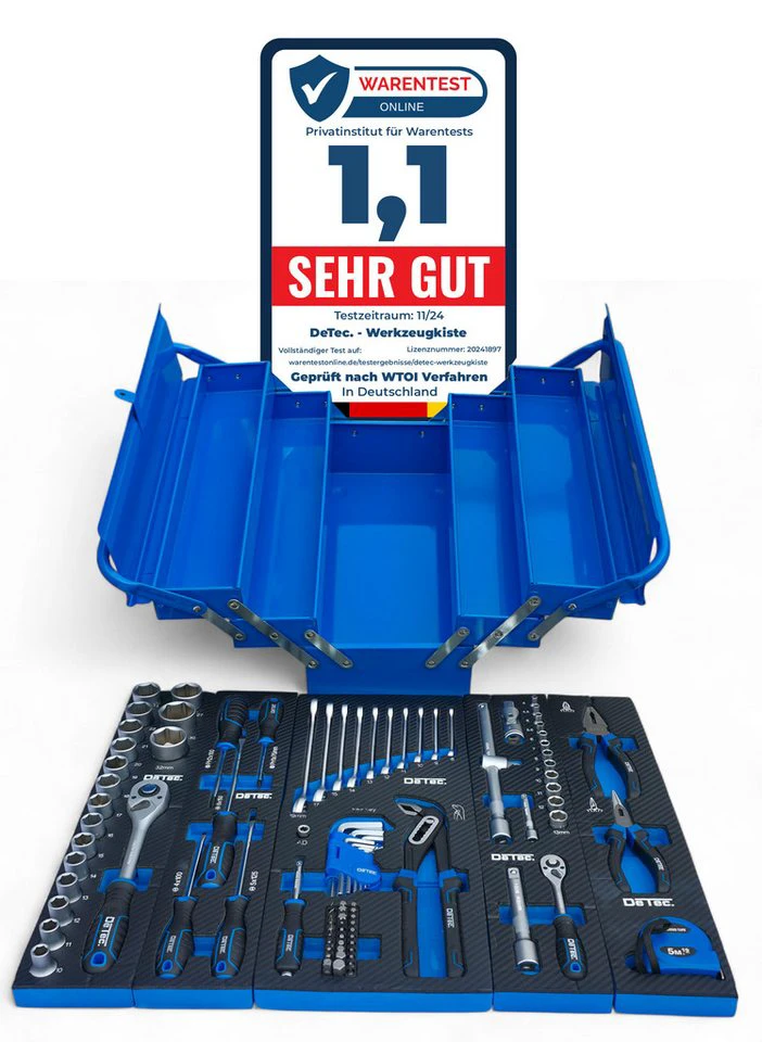 DeTec Werkzeugkoffer V2 96 tlg. blau mit Carbon-Optik Einleger zum Aufklappen