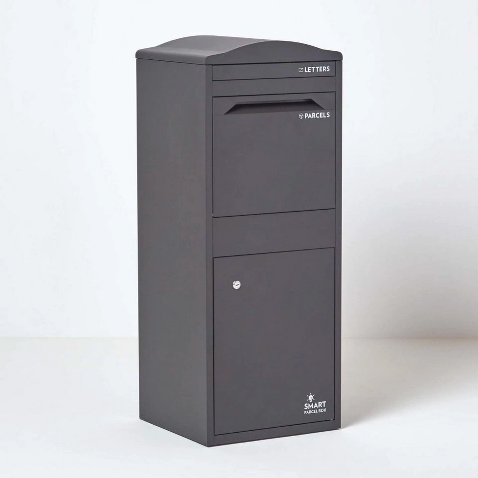 Smart Parcel Box Paketbriefkasten großer Paketbriefkasten mit gebogenem Dach Entnahme vorne grau