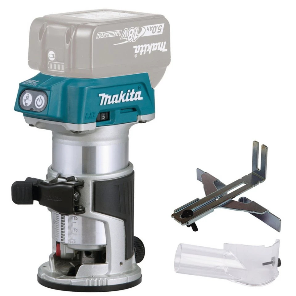 Makita Akku-Oberfräse DRT50Z bürstenloser Motor regelbare Drehzahl Aluminiumgehäuse Doppel-LED
