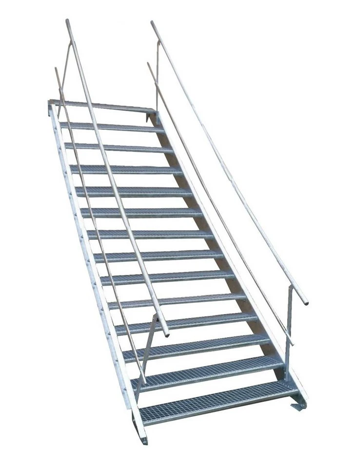 SRM Design Außentreppe 14 Stufen Stahltreppe beidseitiges Geländer 70 cm Höhe 210-280 cm