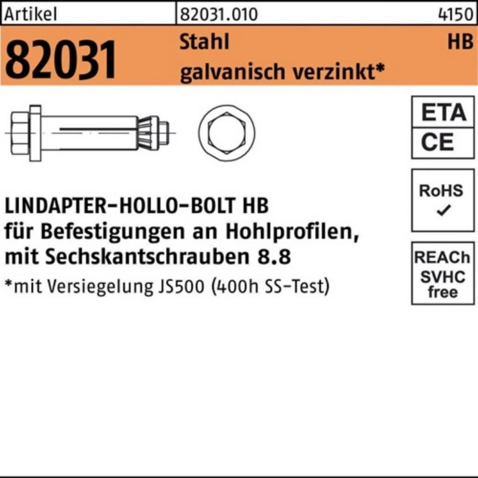 Lindapter Hohlraumdübel R 82031 mit Sechskantschraube HB 12-1 60/25 Stahl verzinkt
