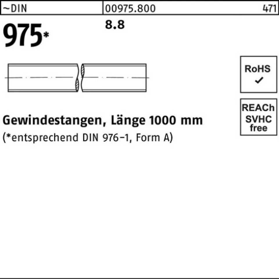 Reyher Gewindestange 009758000100000 DIN 975 M 10 x 1000 mm 8.8 1 Stück
