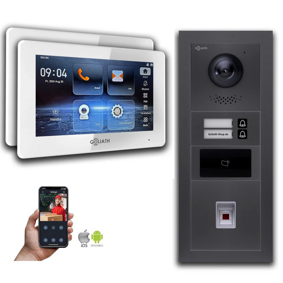Goliath GL-IPH245A IP-Video-Türsprechanlage 7 Zoll 2 Familienhaus Fingerprint RFID Anthrazit