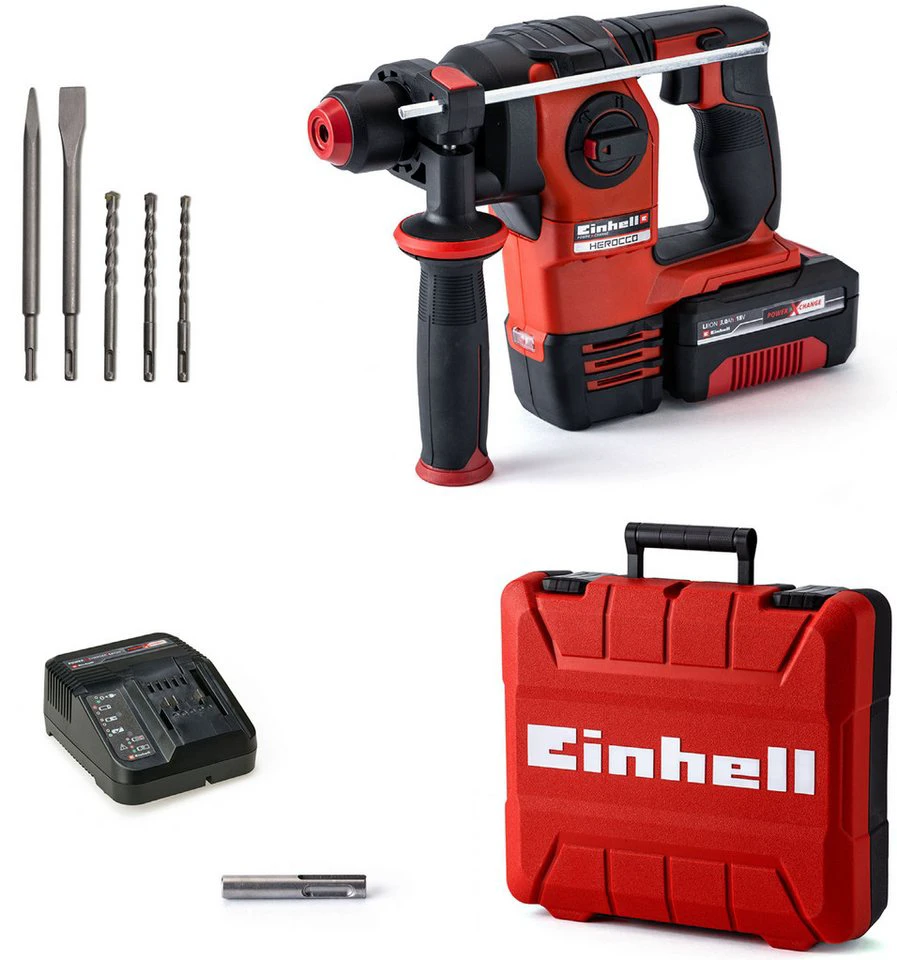 Einhell Akku-Bohrhammer HEROCCO Kit +5 mit Akku 18V/3Ah Ladegerät Bit-Adapter Bohrer Meißel Koffer