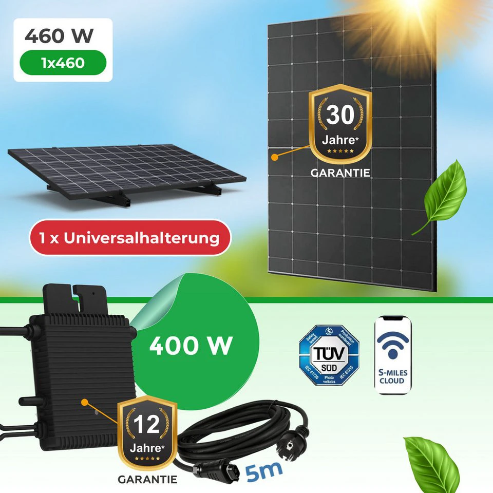 Paket.ag Balkonkraftwerk 460 W mit Hoymiles HM-400 Glas-Glas Modul Universalhalterung 1-St