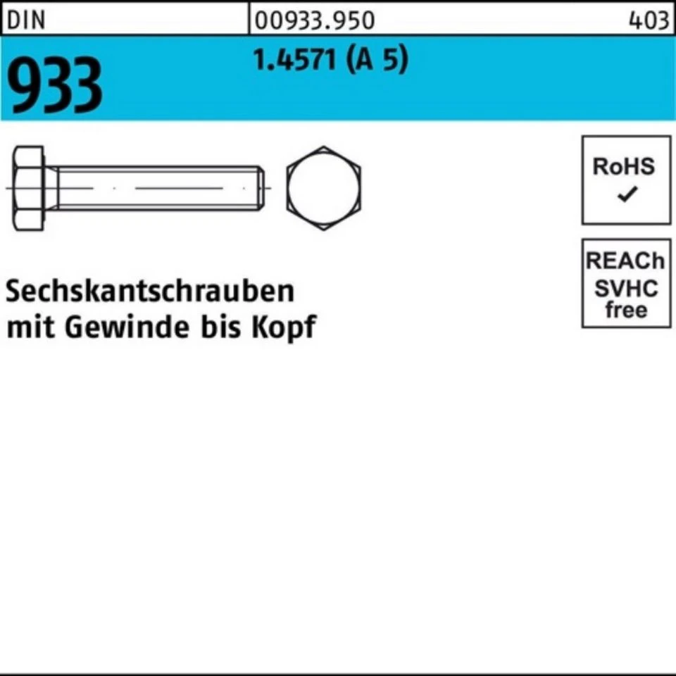 Reyher Sechskantschraube 009339500120045 DIN 933 1.4571 A 5 M 12 x 45