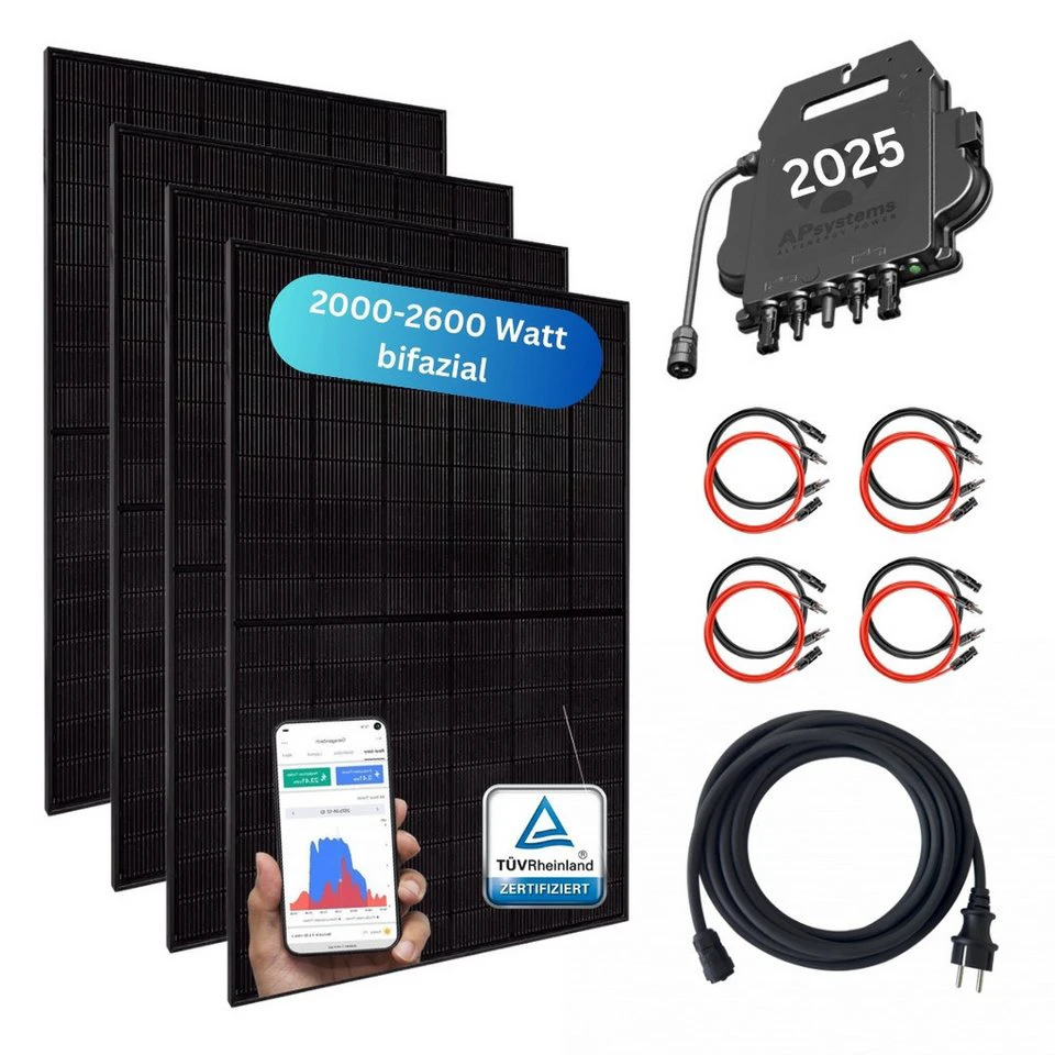 MyVoltaics MyBasic XXL Balkonkraftwerk 2000+ Watt 4 bifaziale Glas-Glas Solarmodule APsystems Wechselrichter