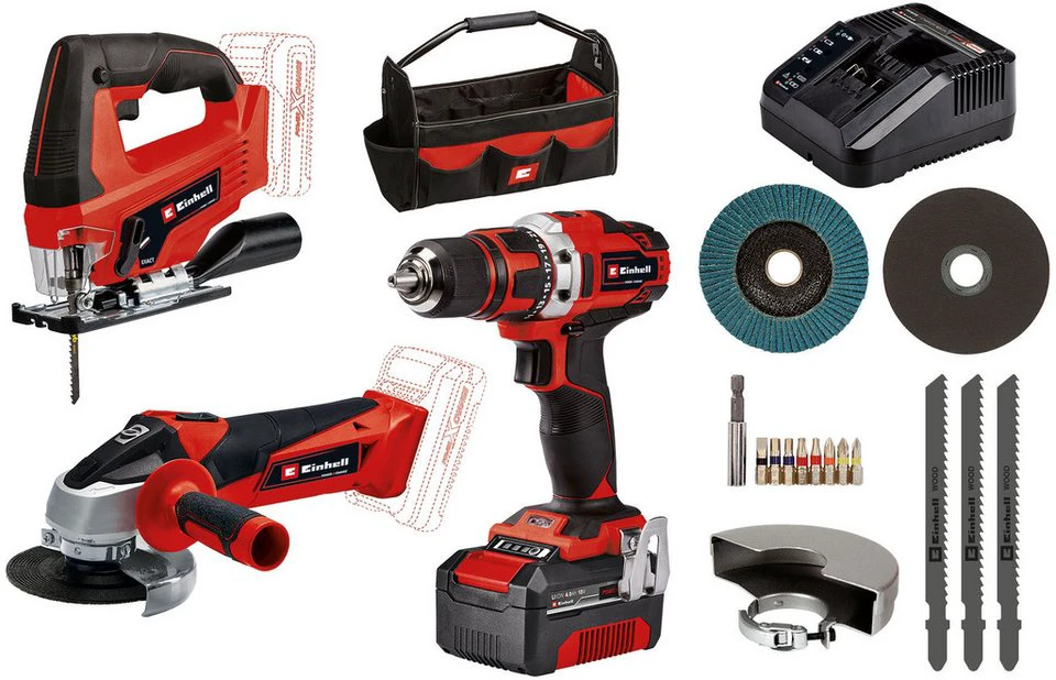 Einhell TE-TK 18/3 Li Kit (JS+CD+AG) Elektrowerkzeug-Set 13-tlg. Akku-Bohrschrauber Winkelschleifer Stichsäge