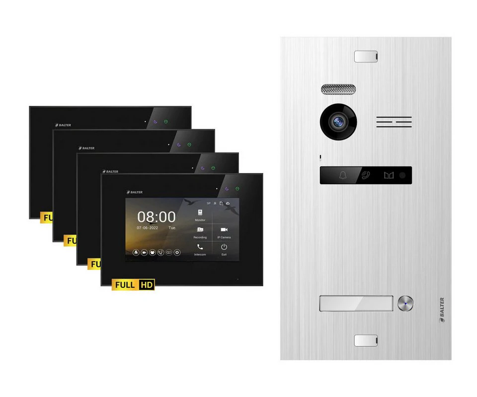 Balter Video-Türsprechanlage EVO-HD Komplettset 1-Familie Silber 4x 7" Monitore Schwarz FullHD Kamera