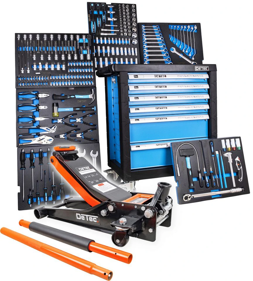 DeTec. Werkzeugwagen 3066 gefüllt 6/6 Schubladen Wagenheber 3 T Orange Carbon-Finish