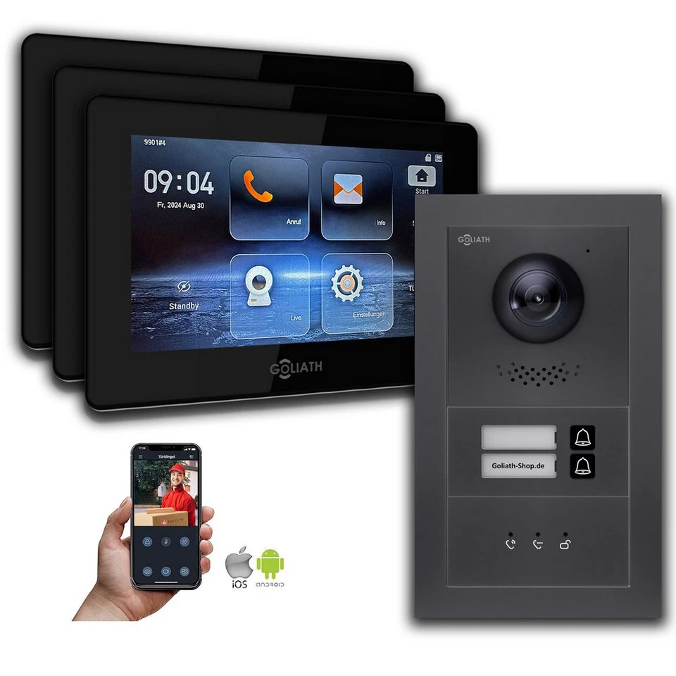 Goliath IP-Video-Türsprechanlage GL-IPH206A für Mehrfamilienhäuser Anthrazit 7 Zoll 3 Monitore