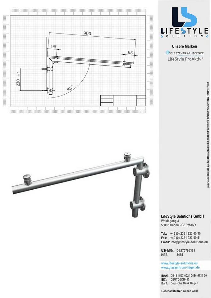 Glaszentrum Hagen Glasvordach 180x90 cm Grau RAL7016-L