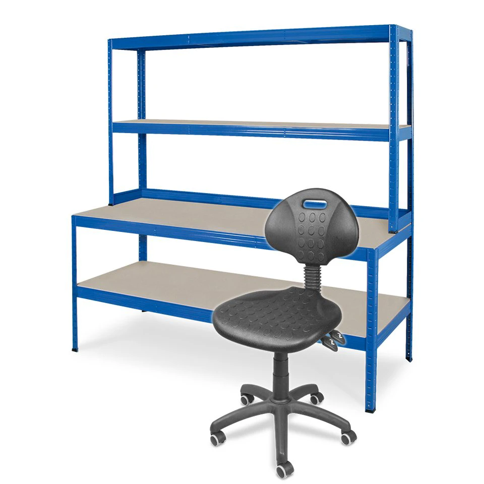 BRB-Lagertechnik Werkbank mit Regalaufsatz Arbeitsdrehstuhl mit Rollen Enzianblau RAL 5010