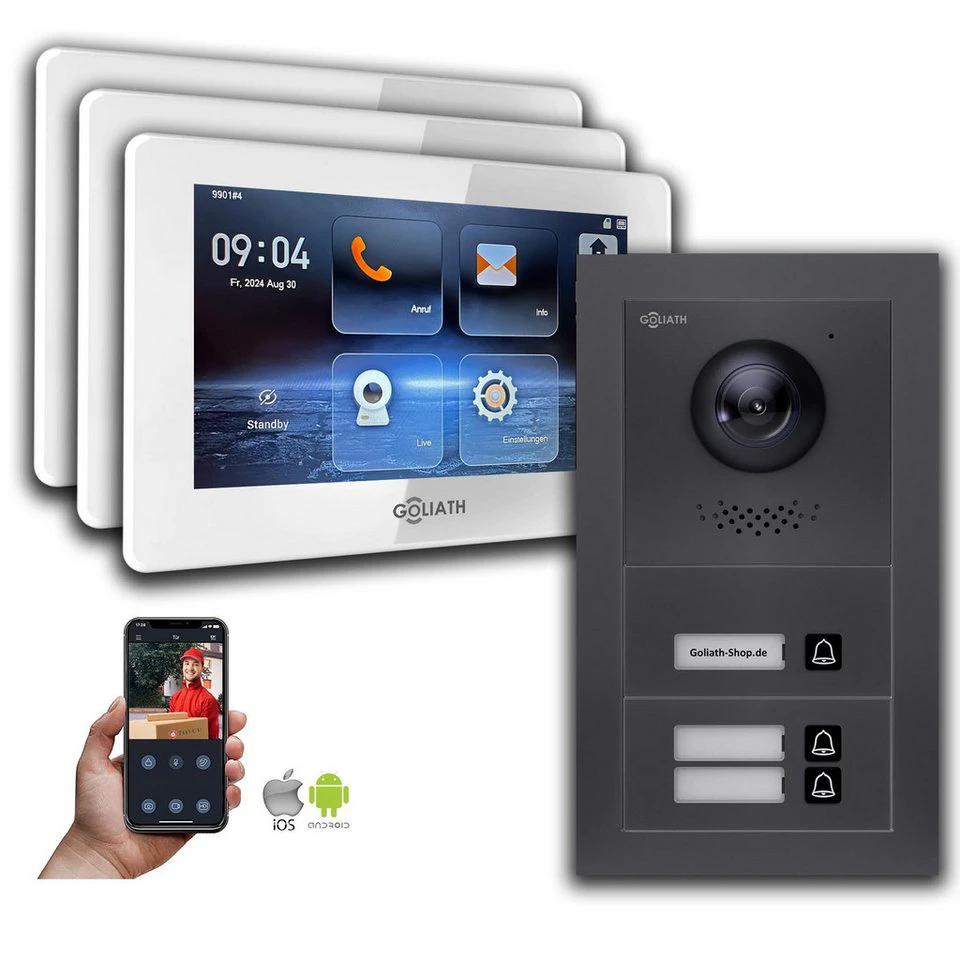 Goliath IP-Video-Türsprechanlage GL-IPH305A 7 Zoll 3-Familienhaus Anthrazit Smartphone-App