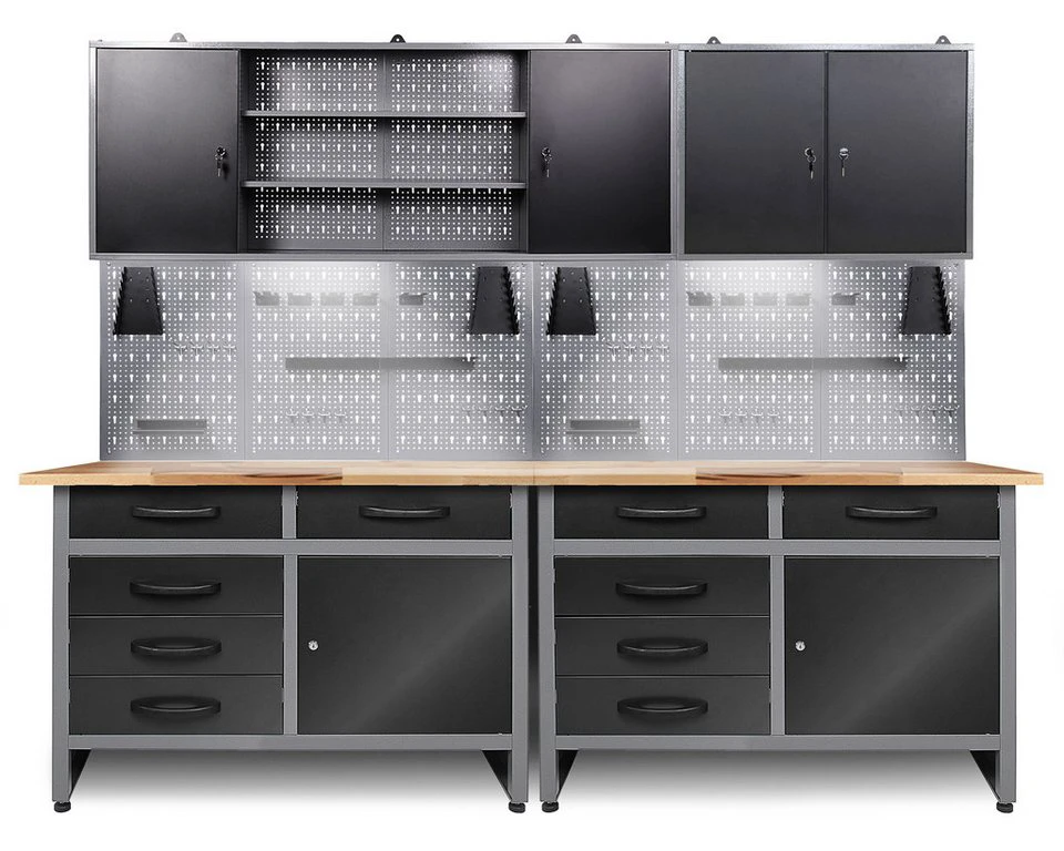 ONDIS24 Werkstatt-Set Holger 240 cm Werkbank Metall Werkzeugschrank LED