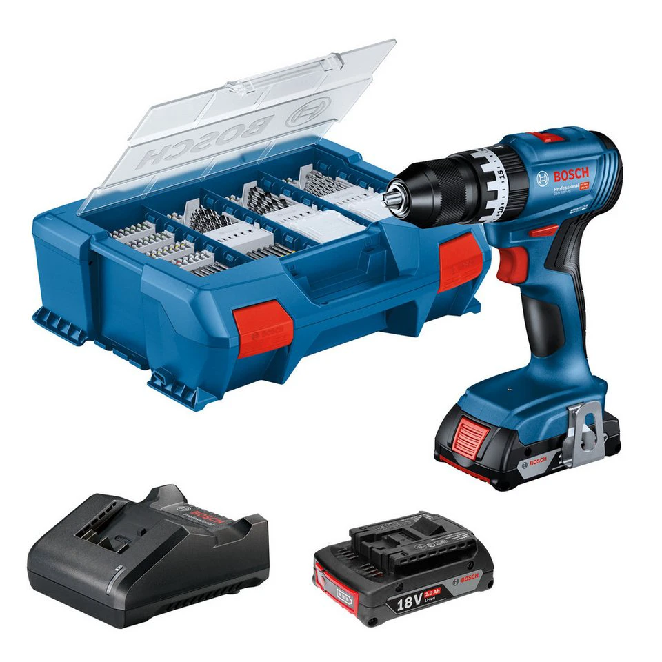 Bosch Professional Akku-Schlagbohrschrauber GSB 18V-45 mit 2 Akkus Ladegerät 82-tlg. Zubehör-Set
