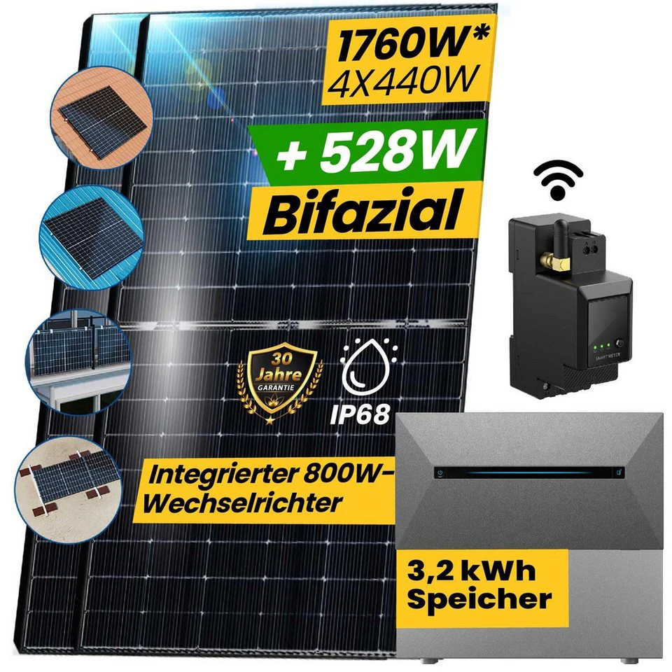 EPP.Solar Balkonkraftwerk 1760W mit Anker SOLIX E1600 PRO Speicher 4x440W bifaziale Glas-Glas Module