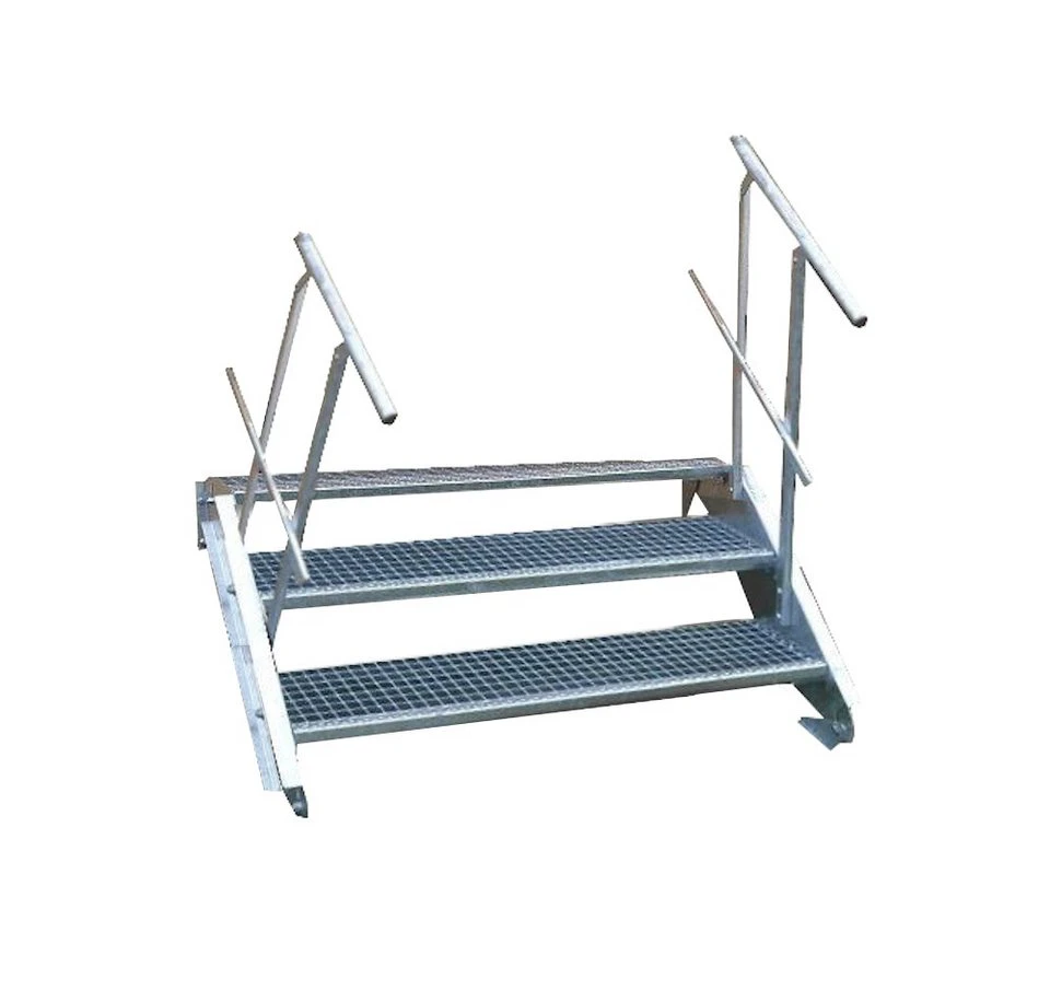 SRM Design Außentreppe 3 Stufen verzinkte Stahltreppe beidseitiges Geländer 80 cm 40-60 cm