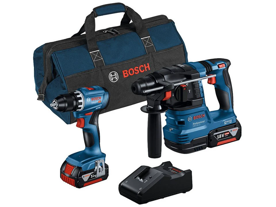Bosch Professional Akku-Bohrhammer GBH 18 V-22 + GSR 18 V-45 Set 8-tlg. 2x 4,0 Ah Akkus Schnellladegerät