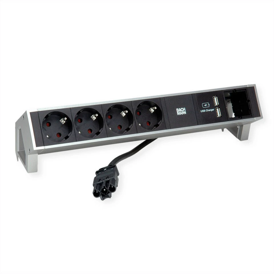 Bachmann DESK2 Steckdosenleiste 4x Schutzkontakt 1x USB-A Charger INOX 0,2 m