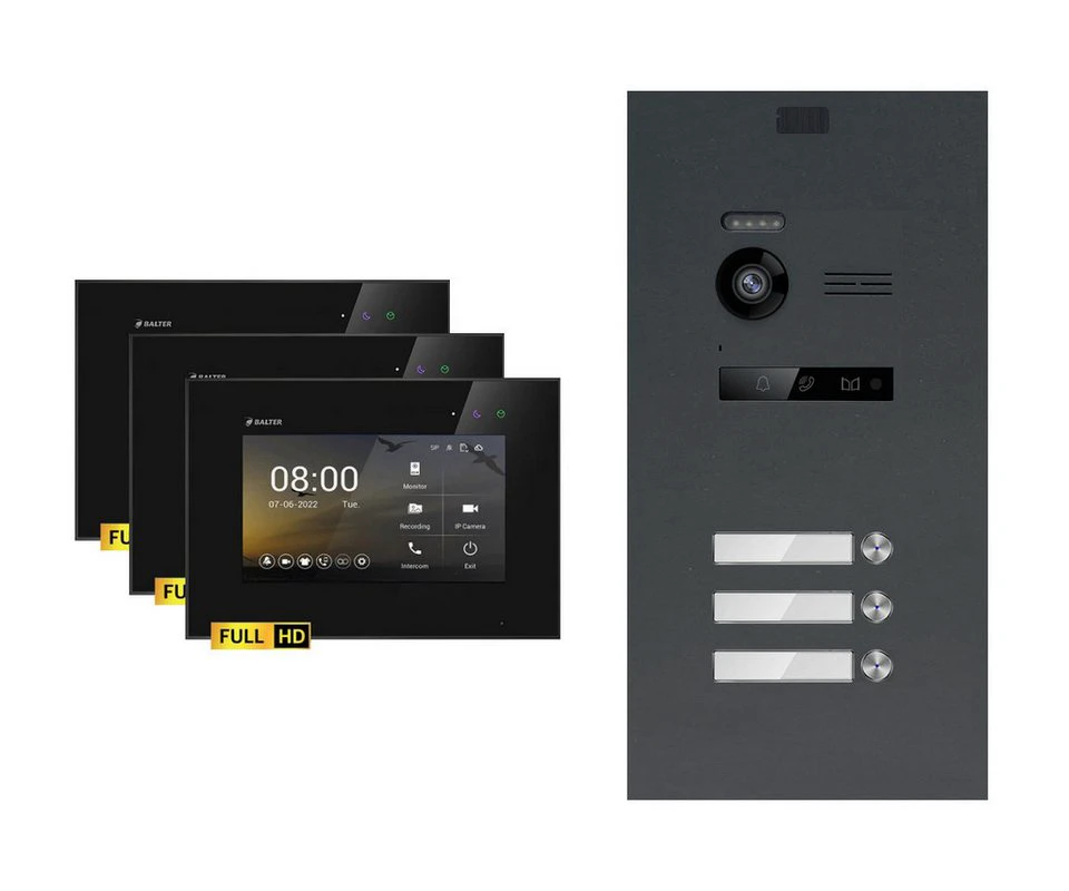 Balter EVO-HD Video-Türsprechanlage Komplettset 3-Familie Anthrazit 3x 7 Zoll Monitor Schwarz FullHD Kamera