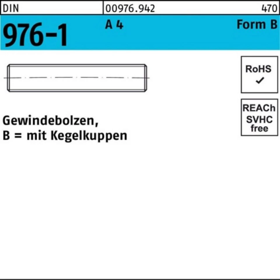 Reyher Gewindebolzen 100er Pack DIN 976 Kegelkuppen BM 16 x 150 A 4