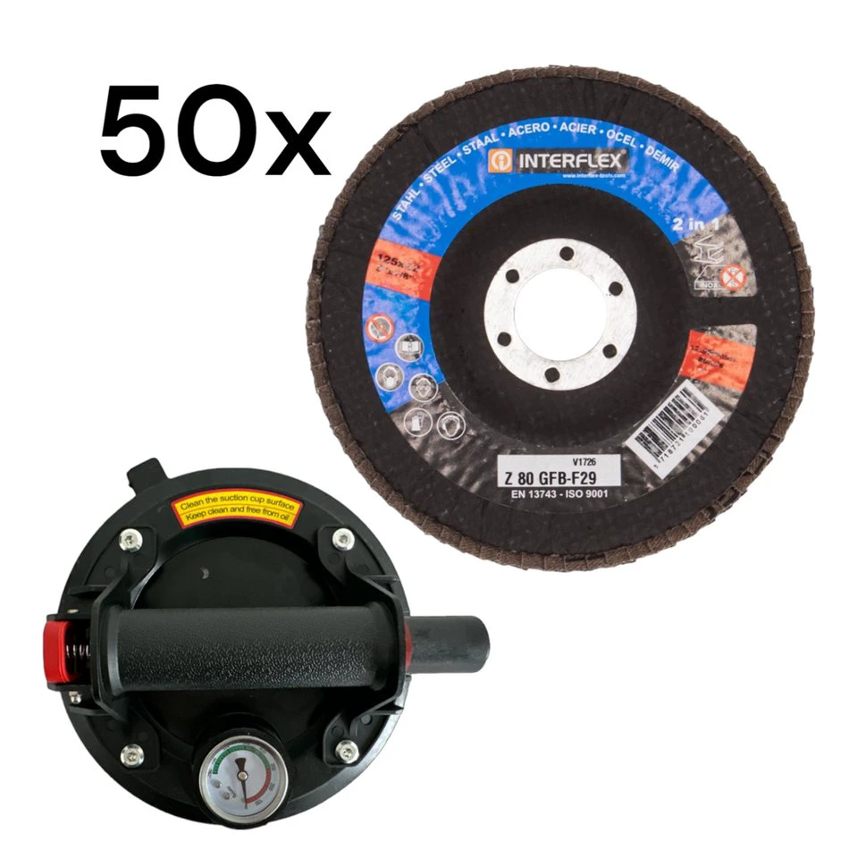 Plattenheber Vakuum-Saugnapf mit Manometer 220 kg + 50 Fächerschleifscheiben 125 mm Korn 80