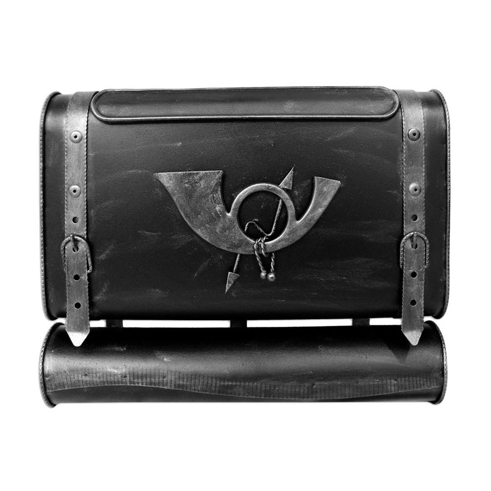 HMF Wandbriefkasten Antik Unikat Koffer Design mit Posthorn Zeitungsrolle 38 x 45 x 10 cm Silber