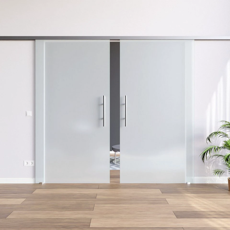 AMOD Glasschiebetür S-GE420+DPL 2-flügelig 8 mm Einscheibensicherheitsglas SoftStop Griffstangen beidseitig