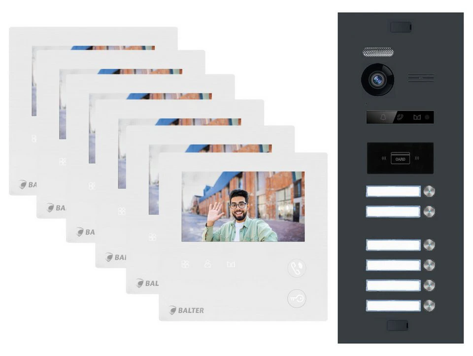 Balter Video-Türsprechanlage EVO MINI Komplettsystem 6-Familienhaus Anthrazit 6x 4.3" Monitore 2-Draht BUS 150° Kamera