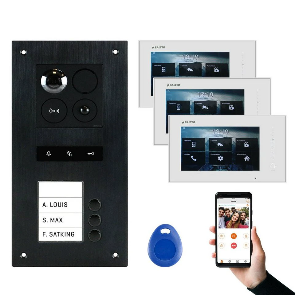 Balter ERA Video-Türsprechanlage 3 Familienhaus Schwarz RFID 2-Draht BUS IP 7 Zoll WiFi