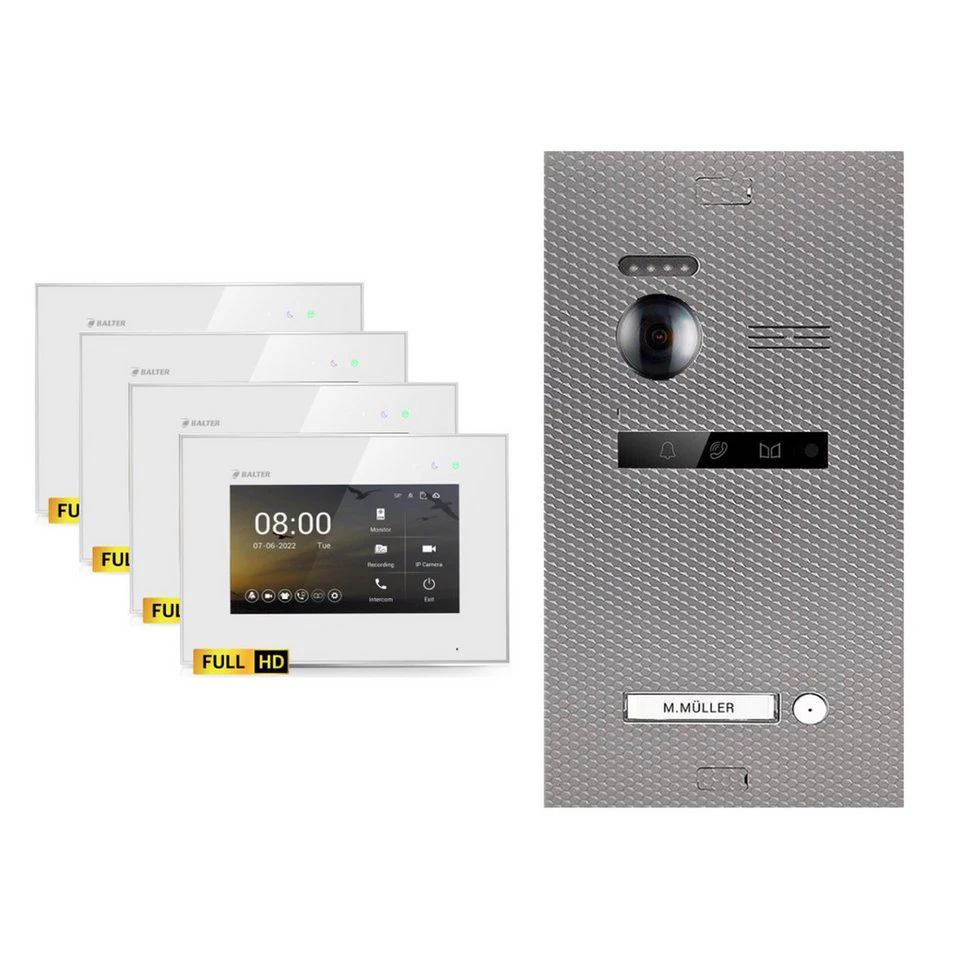 Balter EVO-HD Video-Türsprechanlage Komplettset 1-Familie Karbon-Silver 4x 7 Zoll Monitore Weiß