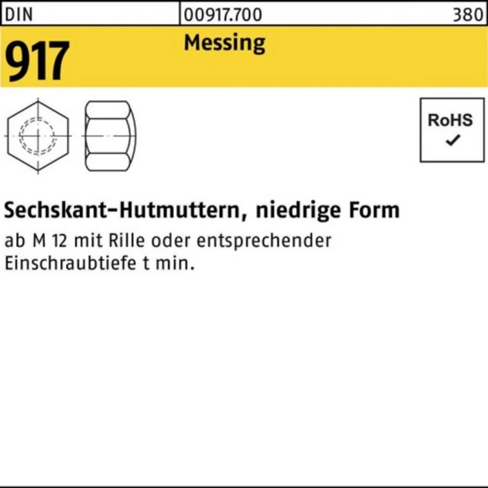 Reyher Hutmutter 500er Pack Sechskanthutmutter M 8 DIN 917 niedrige Form Messing