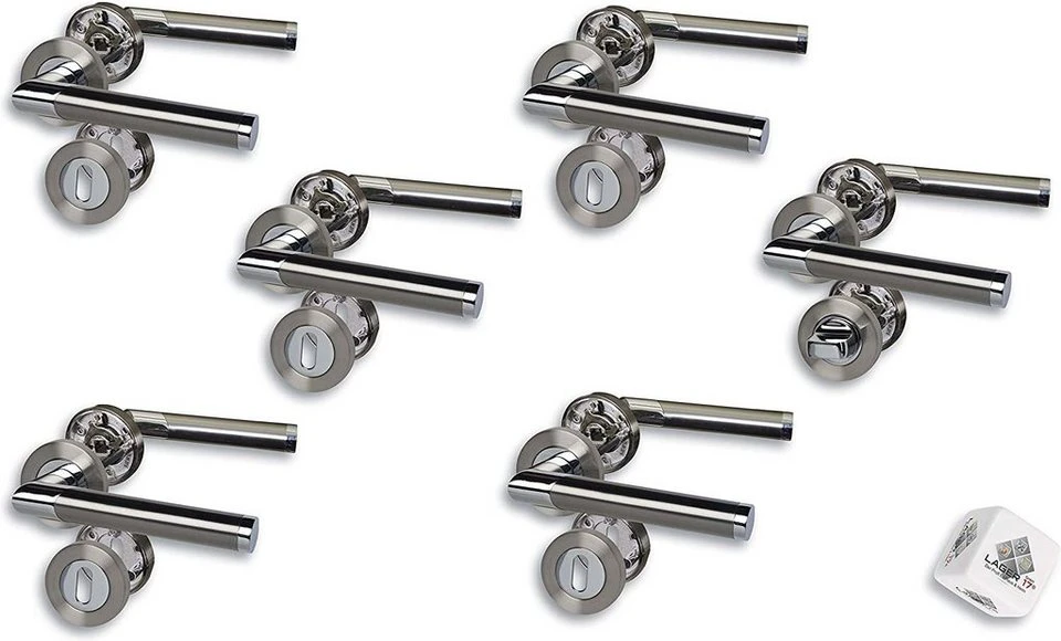 Alpertec Türbeschlag Rosettengarnitur 5 Buntbart 1 Bad/WC 6-teilig Chrom Edelstahlfärbig satiniert