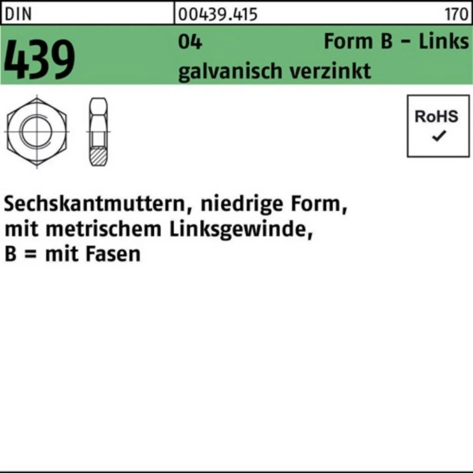 Reyher Muttern 004394150360000 Sechskantmutter DIN 439 Form B links BM 36 100er Pack
