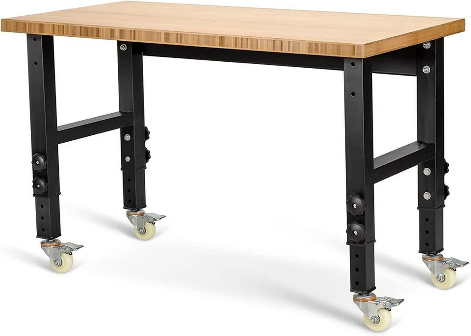KOMFOTTEU Werkbank mit Metallrahmen Natur Bambus 120 x 60 cm höhenverstellbar