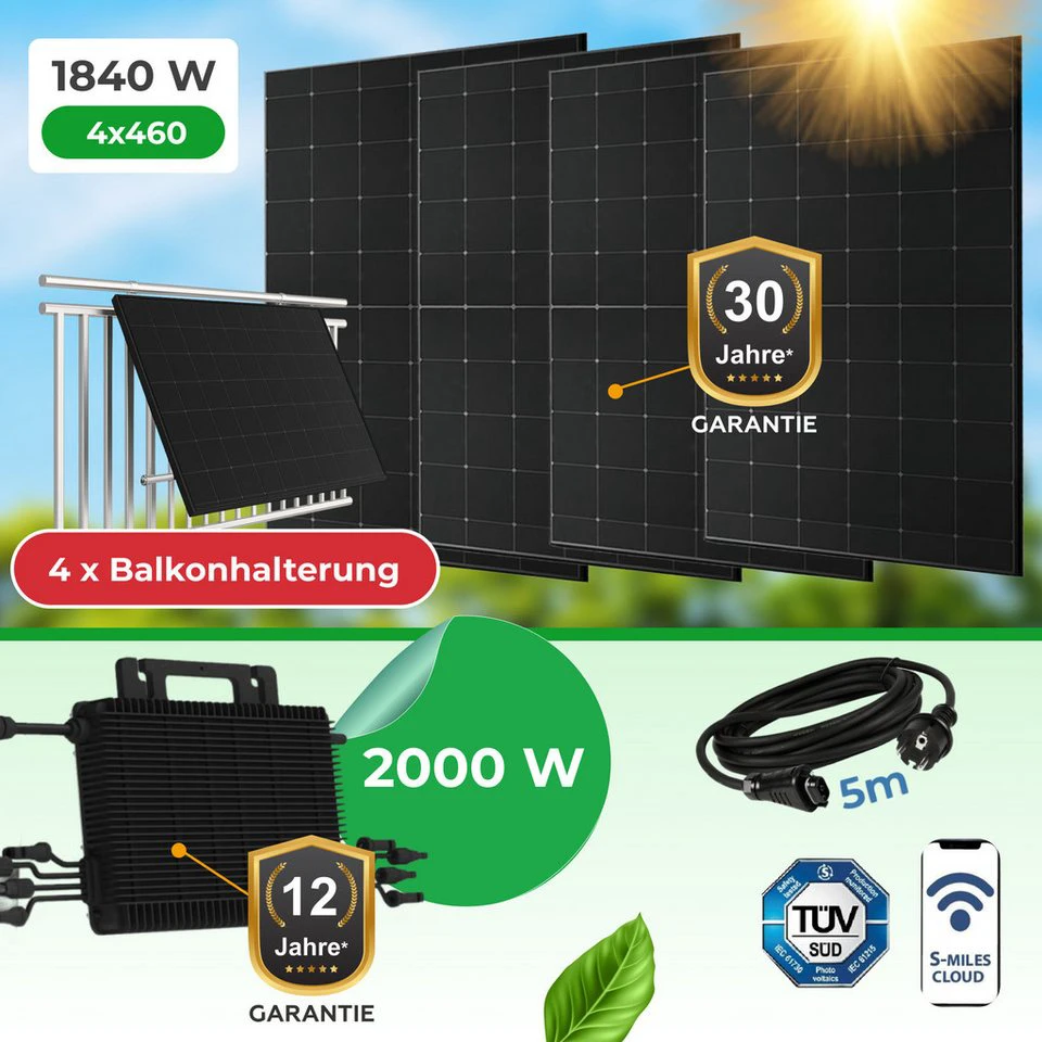 Paket.ag Balkonkraftwerk 1840 Watt Hoymiles HMS-2000 Wechselrichter bifaziale PV-Module Full Black